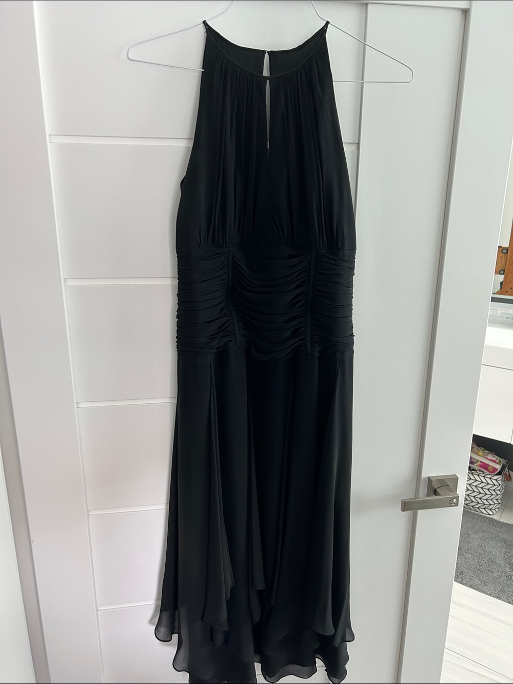 Elegant Black Silk Halter Midi Dress with Ruched Waistline